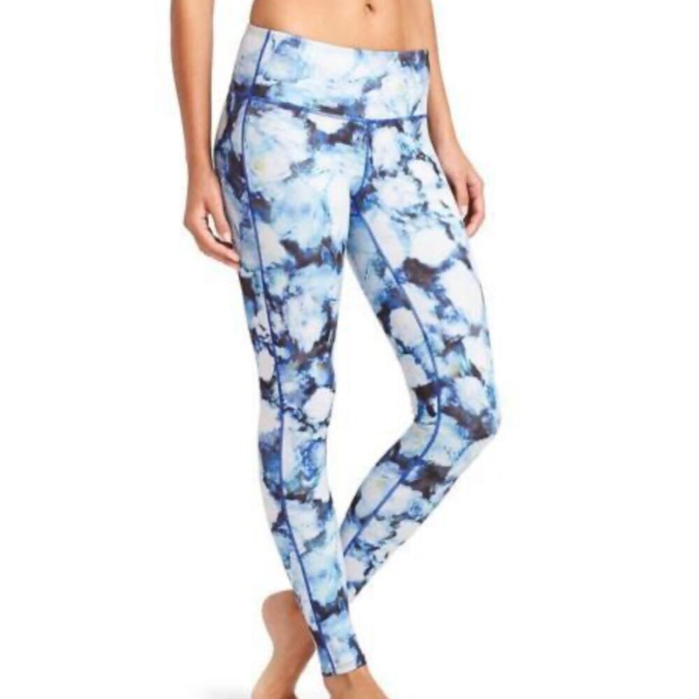 ATHLETA Floral Crush Chaturanga Tight Blue White Pull On Elastic Waist Leggings